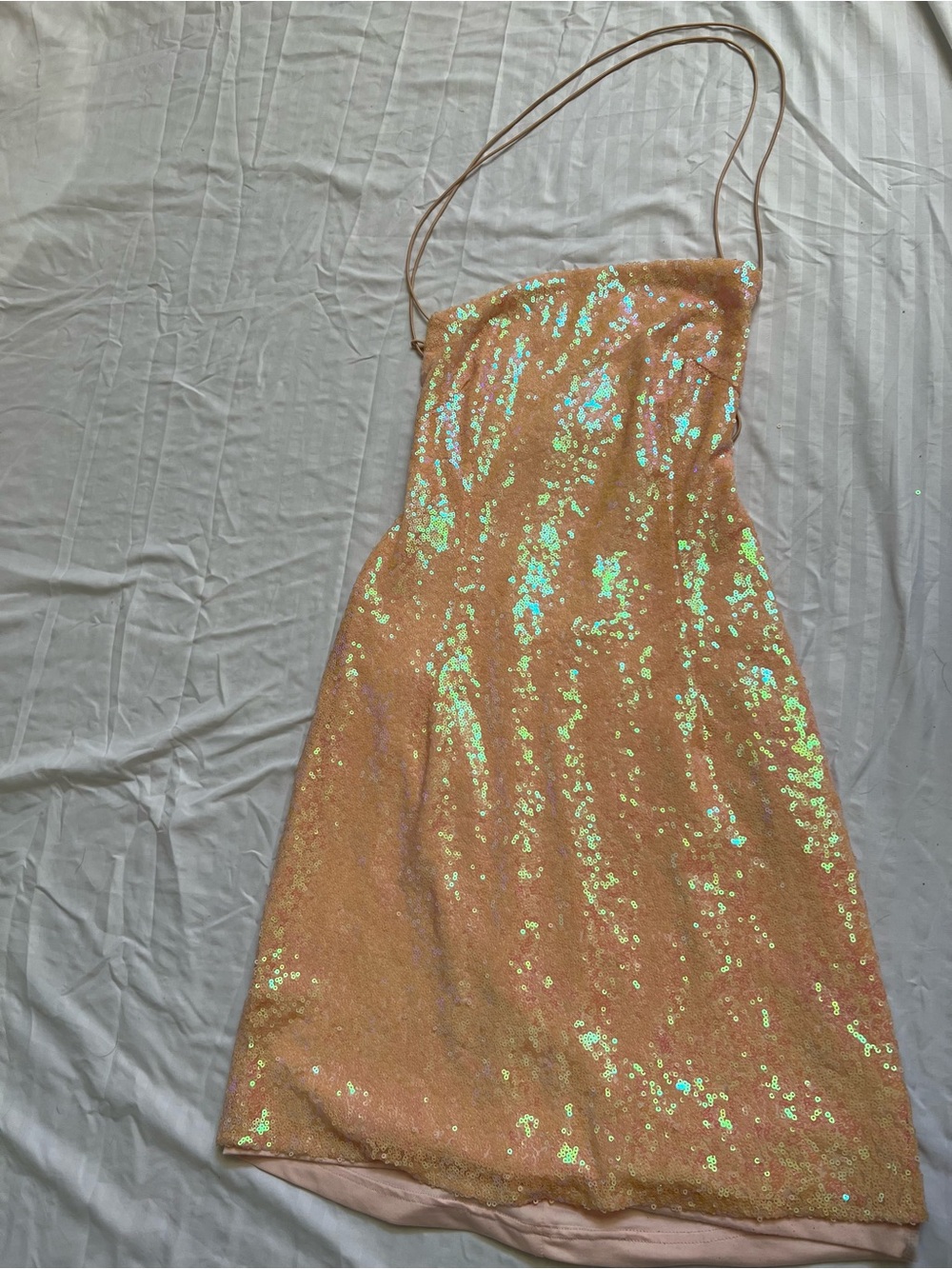superdown Iridescent Peach Sequin Mini Dress with Double Spaghetti Straps